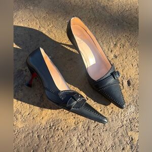 Christian Louboutin black Napa leather “stitched” pump with buckle